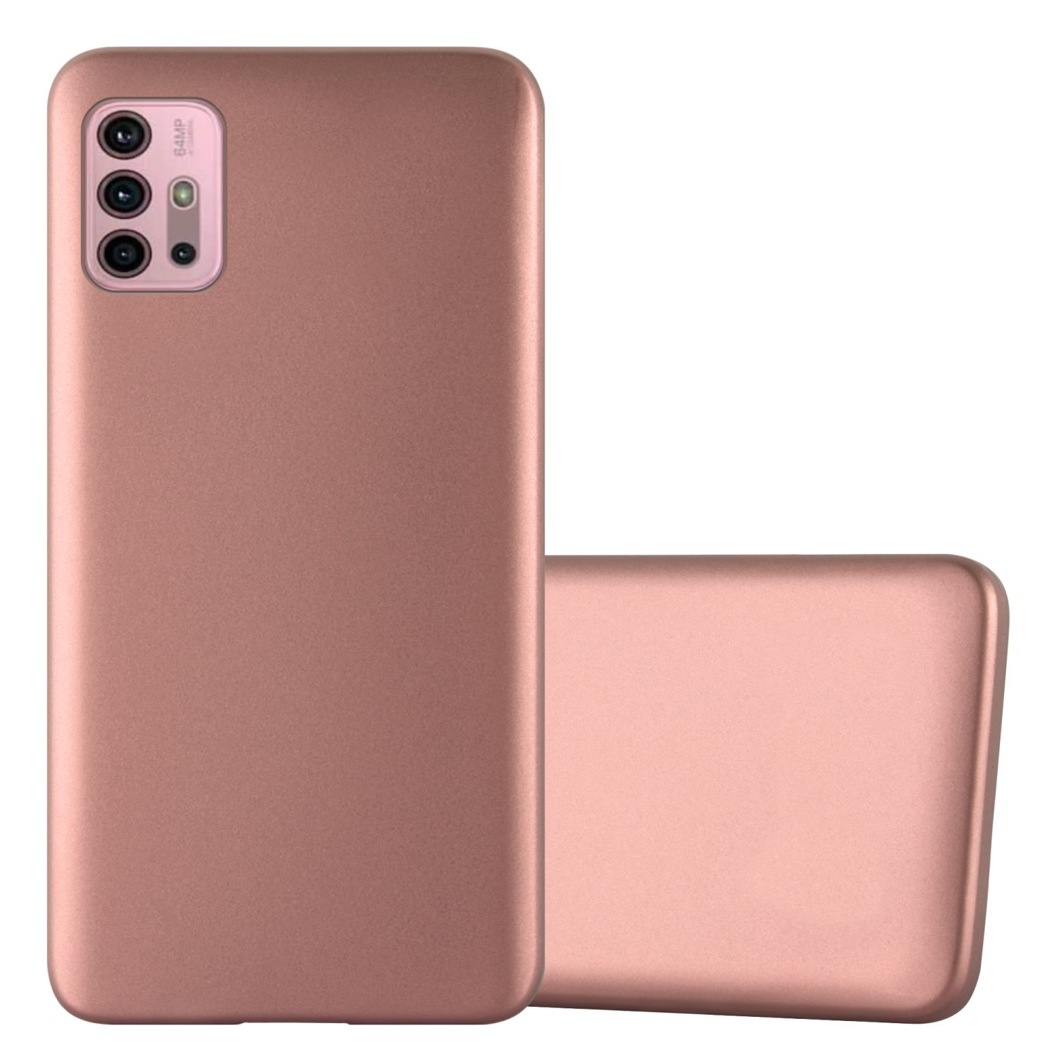 Due custodie per telefono oro rosa, una in piedi e una sdraiata. Entrambe hanno ritagli per fotocamera.