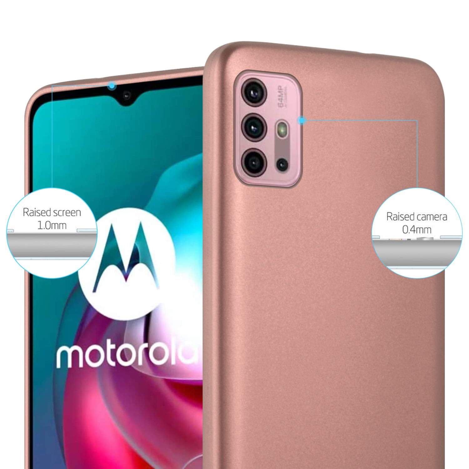 Custodia per telefono oro rosa con schermo e fotocamera rialzati. Logo Motorola visibile.