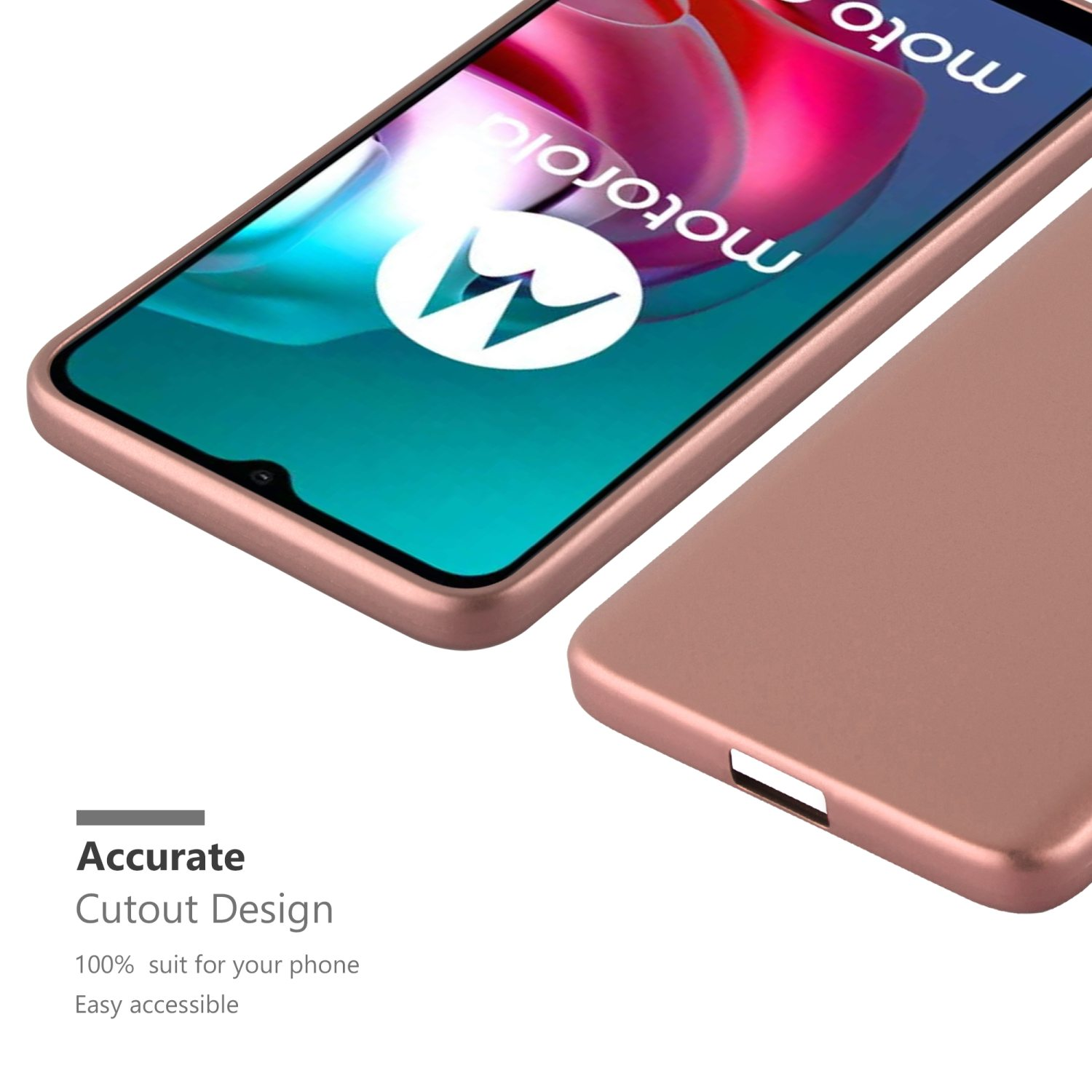 Custodia oro rosa con un telefono all'interno. La parte posteriore del telefono è visibile.