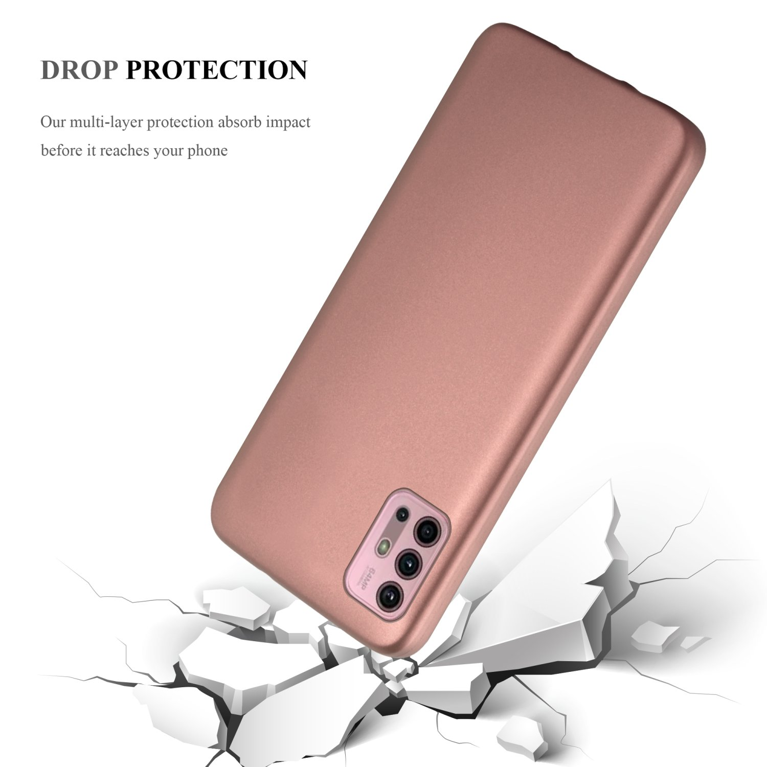 Una custodia per telefono color rosa viene mostrata mentre cade, con un telefono all'interno e una superficie incrinata sotto.