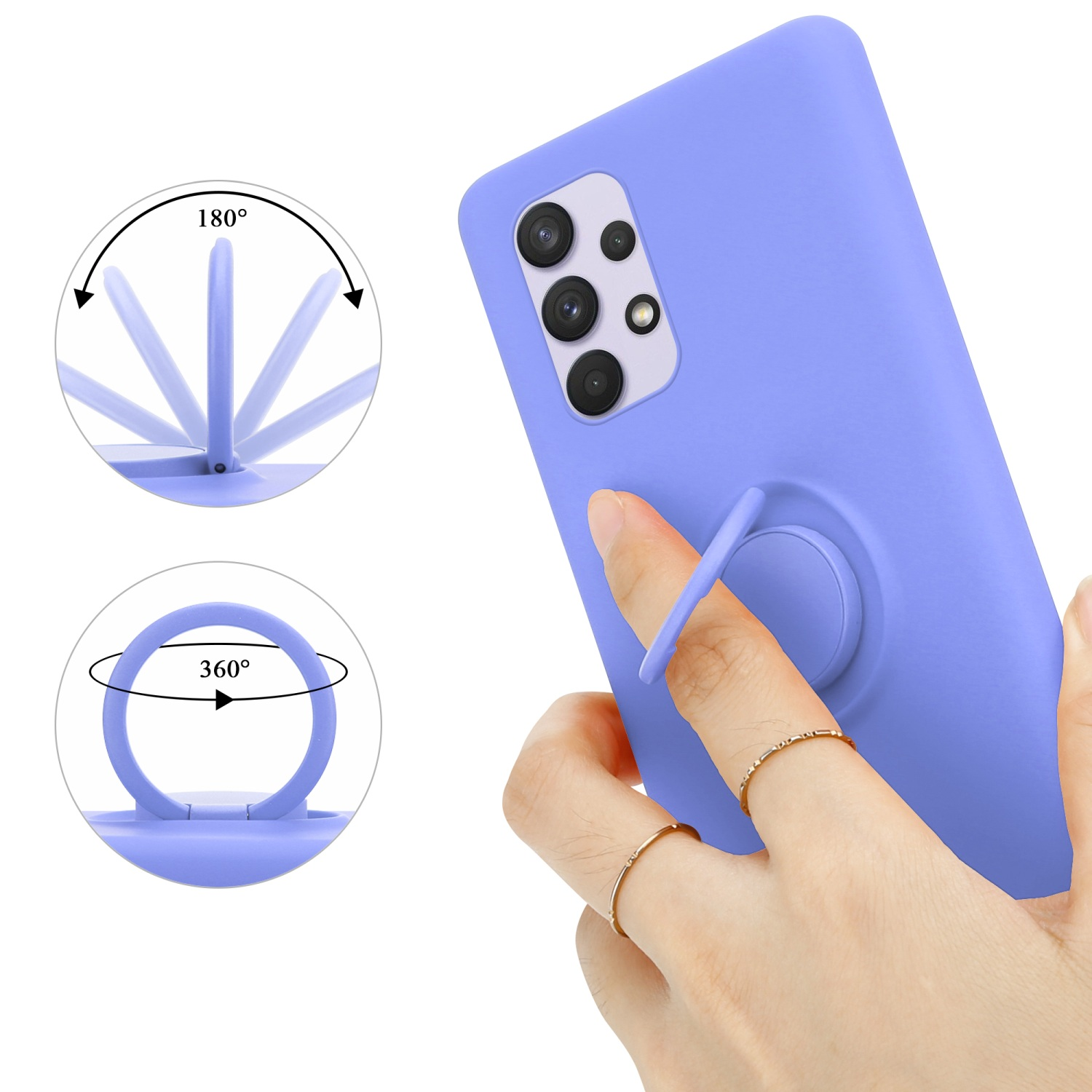 Lila Handyhülle mit Ringständer. Hand hält. Ring dreht sich 180 und 360 Grad.