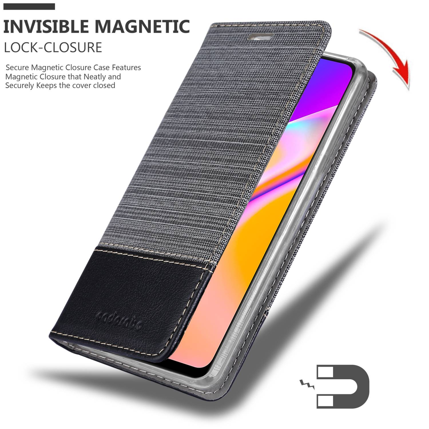 Custodia per telefono con un design strutturato. Aperta per mostrare un telefono. Chiusura magnetica visibile.