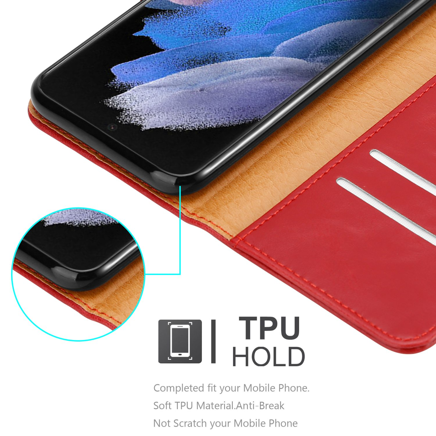 Custodia per telefono rossa con un telefono all'interno. Il telefono è nero e oro, con testo.