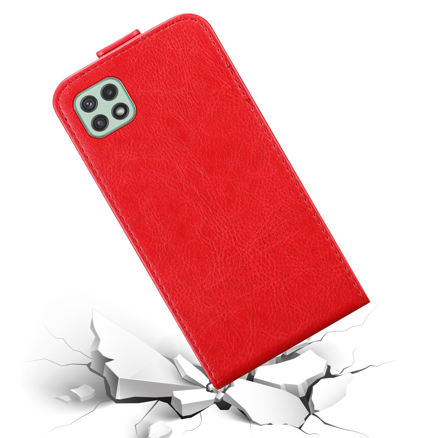 Rote Handyhülle mit Telefon darin, zerbrochene Oberfläche am Boden, Handyhülle ist rot.