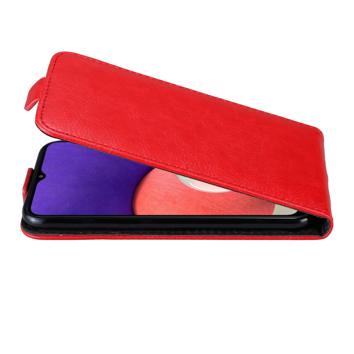 Rote Handyhülle, geöffnet. Telefon zeigt lila-rotes Design. Weißer Hintergrund.