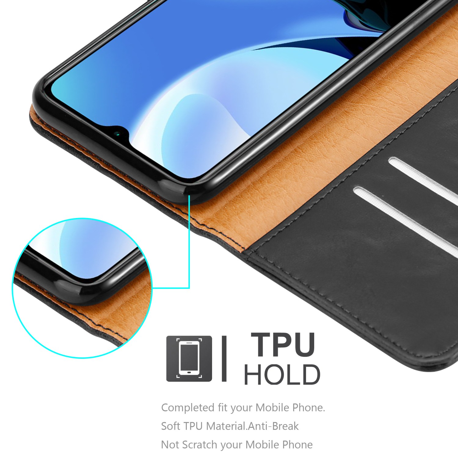 Schwarz-braune Handyhülle mit einem Telefon darin. Nahaufnahme der Hülle mit einem TPU-Halte-Symbol.
