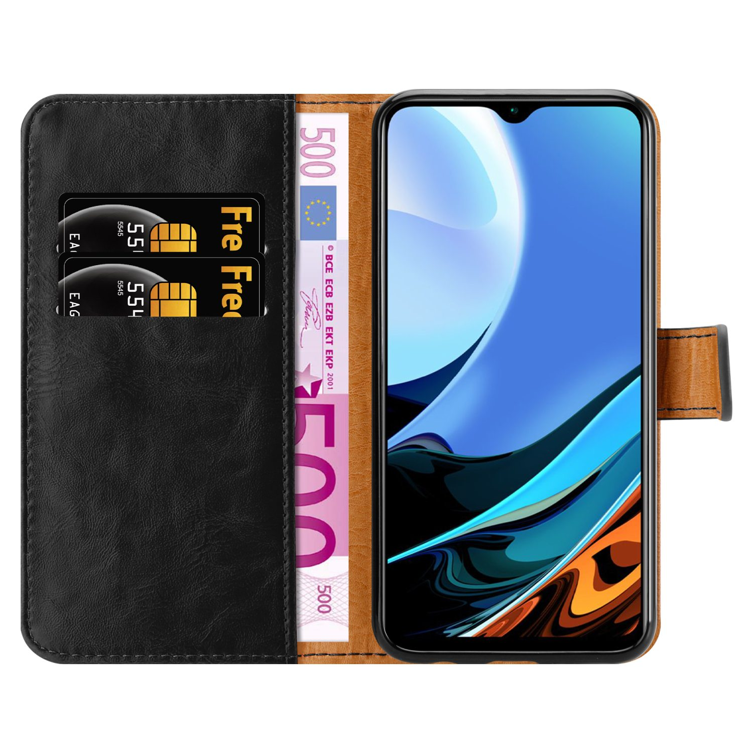 Eine Handy-Geldbörsenhülle ist geöffnet, mit einem Telefon, Kreditkarten und Geld sichtbar. Der Text lautet Kostenlos. Das Telefon ist aufrecht.