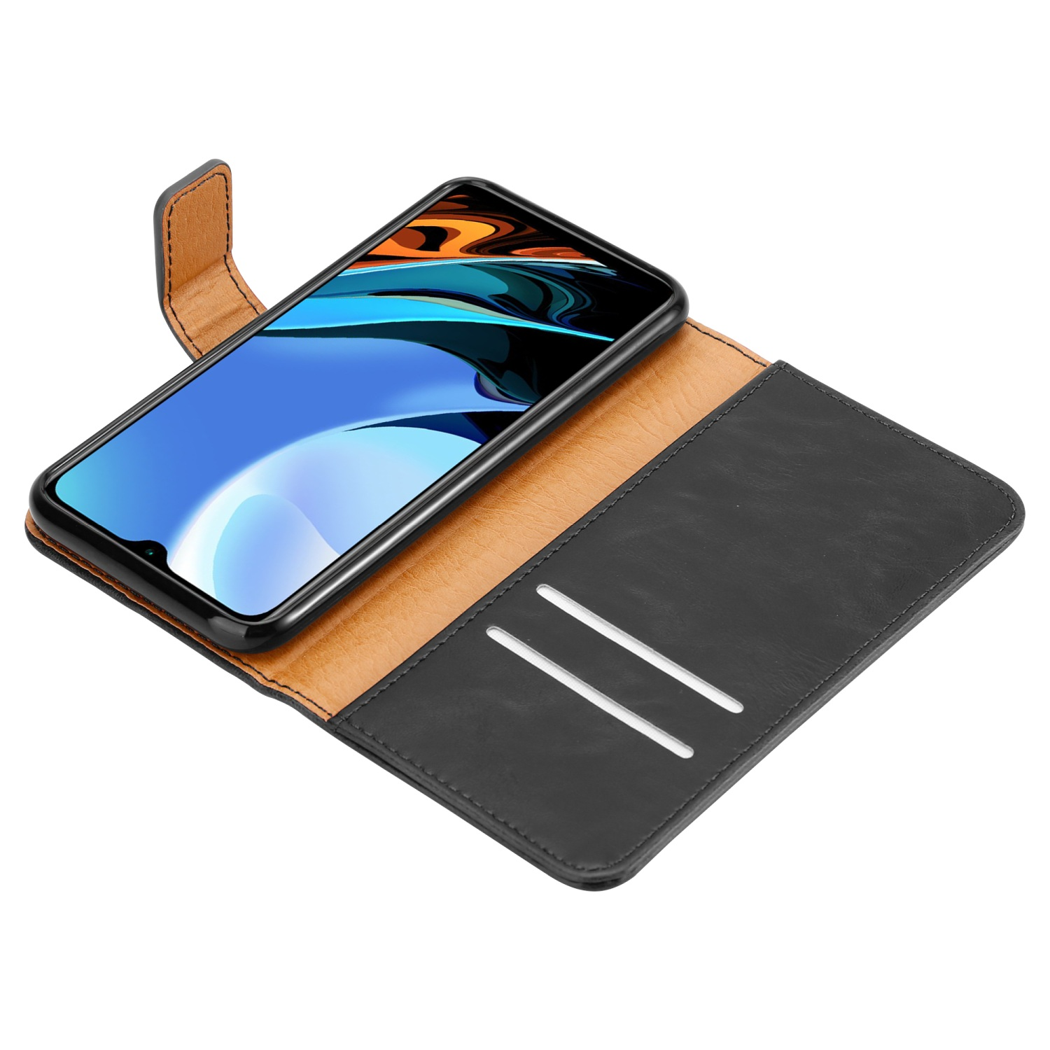 Telefon in einer Brieftaschenhülle, geöffnet, um den Bildschirm zu zeigen. Schwarzes Leder und zwei Kartenfächer sind sichtbar.