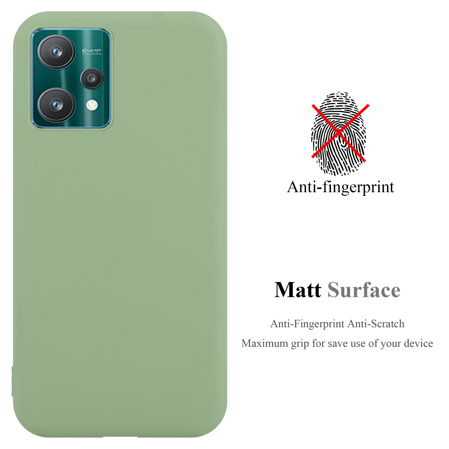 Grüne Handyhülle. Anti-Fingerprint, matte Oberfläche. Text: Anti-Kratzer, Maximaler Grip.