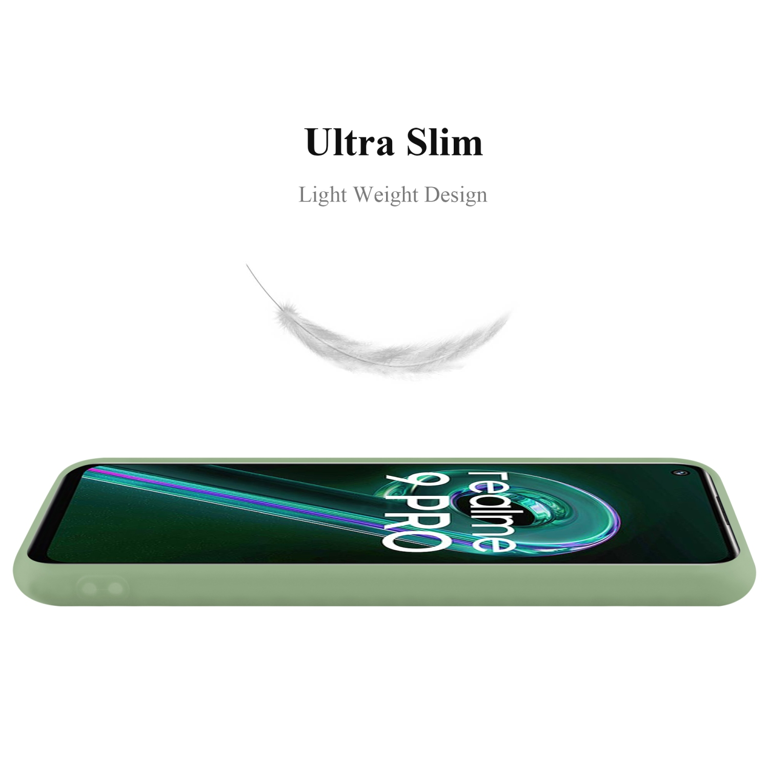 Ein Telefon in einer grünen Hülle. Text: Ultra Slim, Light Weight Design. Eine Feder ist im Hintergrund.