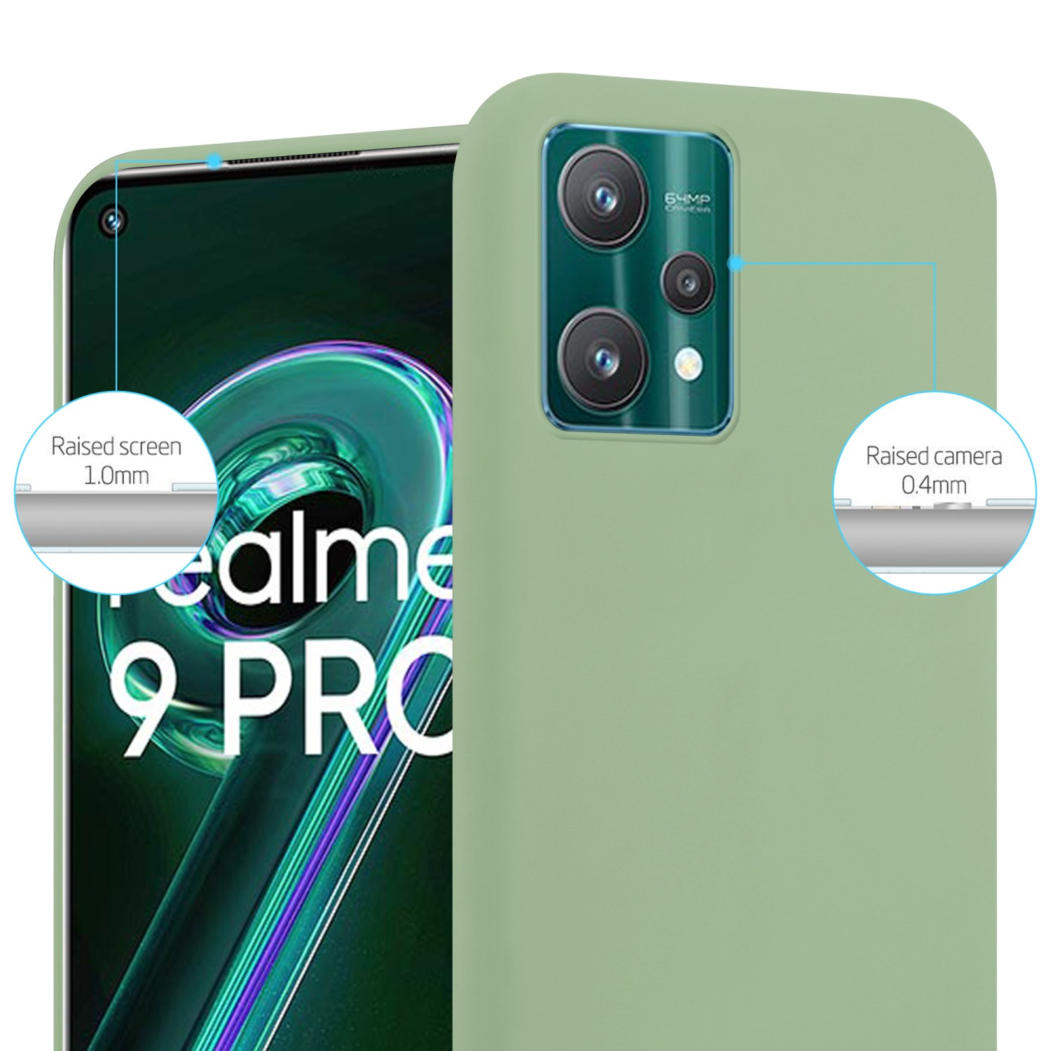 Grüne Handyhülle mit erhöhtem Bildschirm und Kamera. Der Bildschirm zeigt eine grüne Anzeige. Erhöhter Bildschirm 1,0 mm, Kamera 0,4 mm.