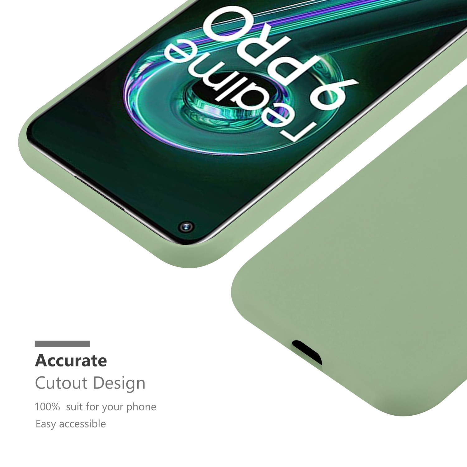 Grüne Handyhülle. Text lautet Realme 9 Pro. Hülle hat präzises Ausschnittdesign für das Telefon.