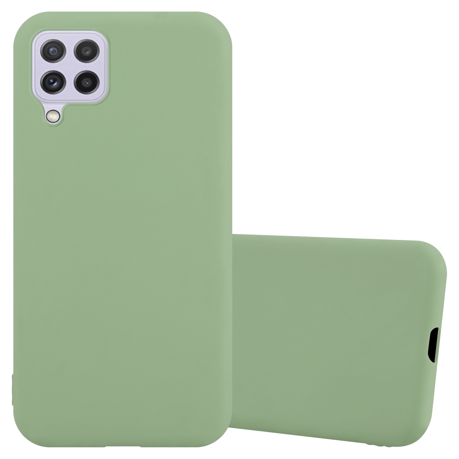 Custodia verde per telefono, due custodie, una aperta, che mostra un telefono. Sfondo bianco.
