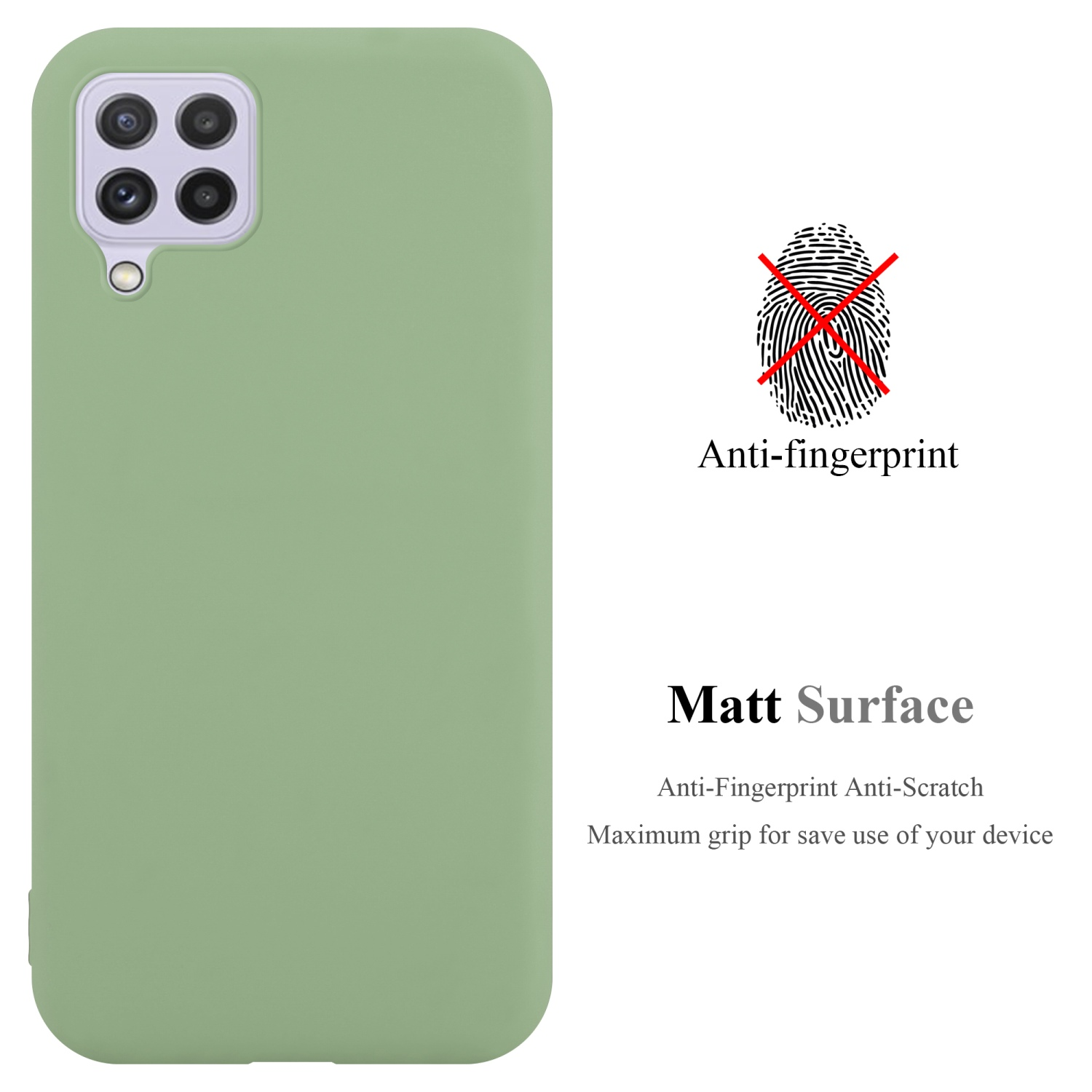 Una custodia per telefono verde chiaro con funzione anti-impronta. Nessuna impronta digitale visibile.