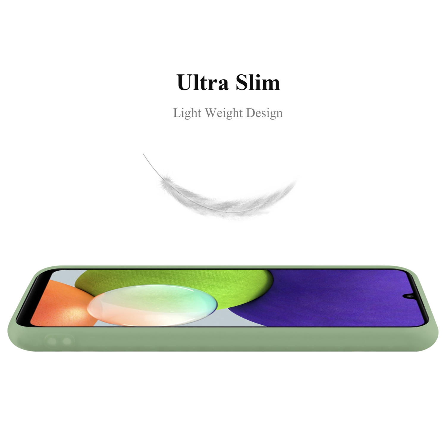 Custodia verde per telefono, vista laterale. Testo: 'Ultra Slim'. Sfondo bianco con una piuma.
