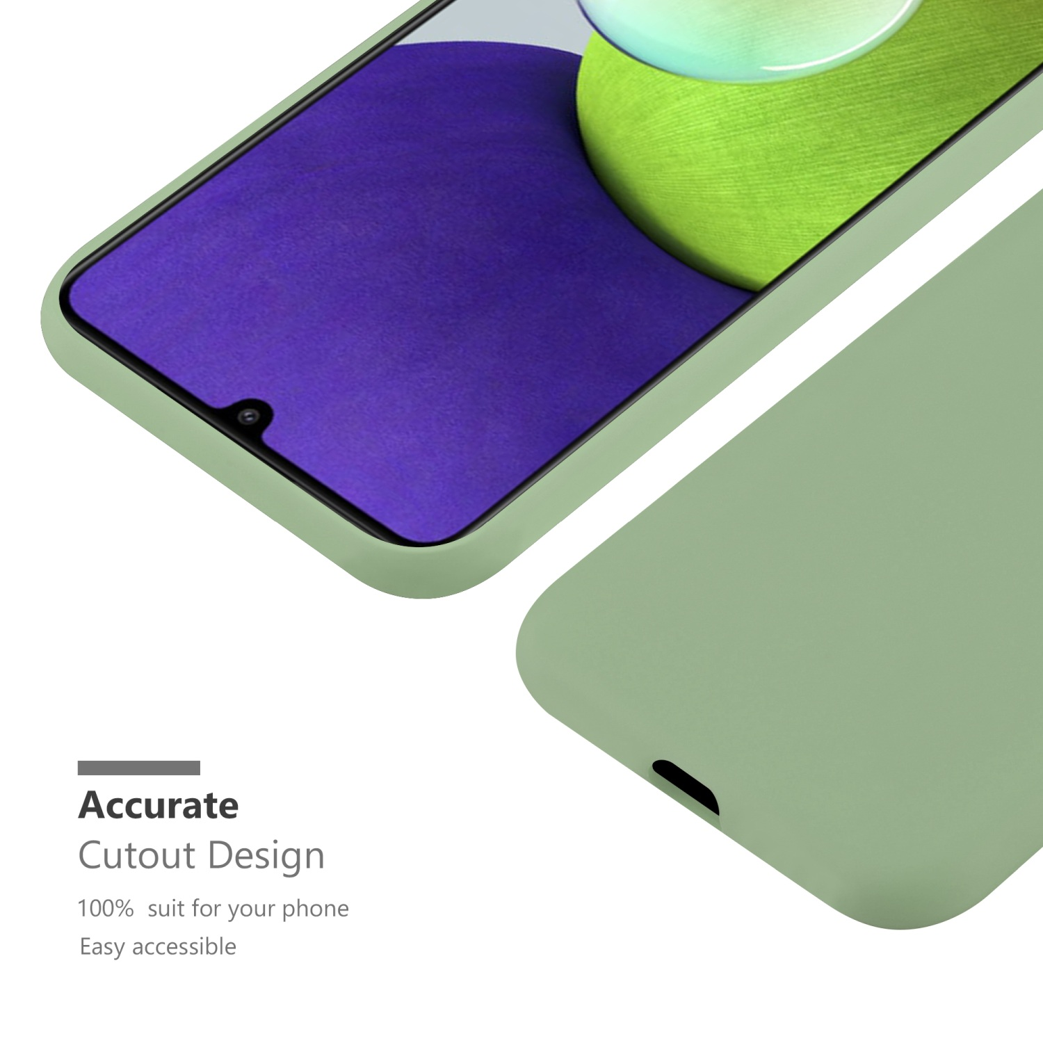 Un primo piano di una custodia per telefono con un telefono all'interno. La custodia è di colore verde chiaro. Il telefono è verde e viola.