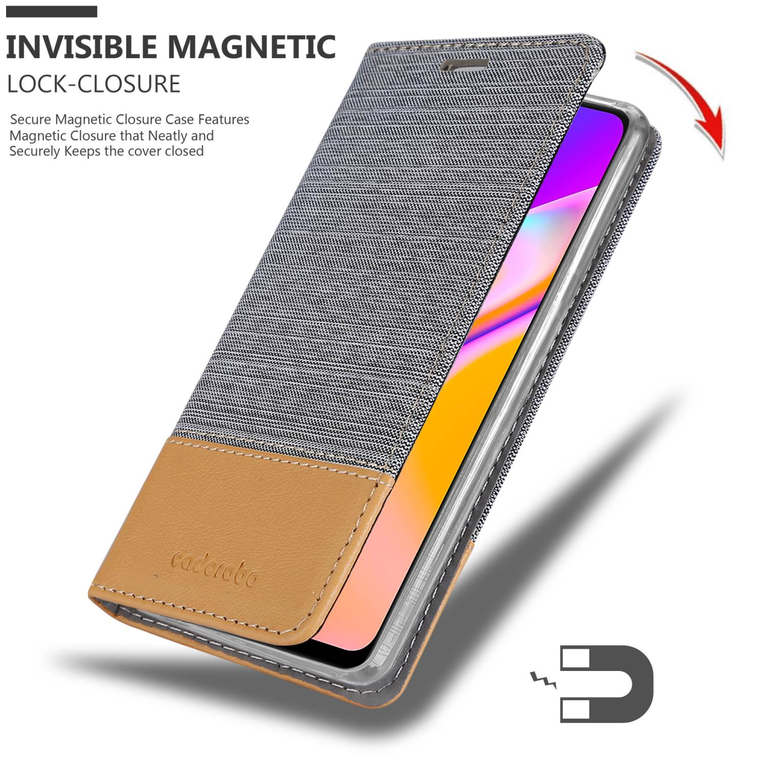Geöffnete Handyhülle, die ein Telefon anzeigt, mit einem Magneten und Magnetsymbol.