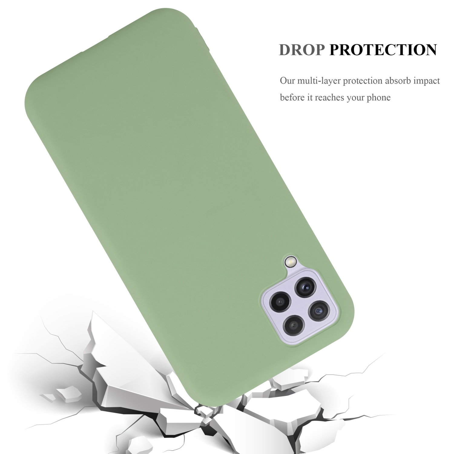 Custodia per telefono verde con contorno e crepe a forma di telefono. Testo: Protezione dalle cadute.