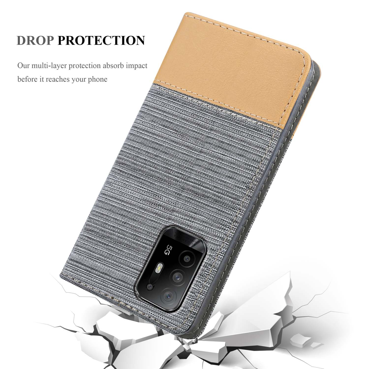 Handyhülle, grauer Stoff und hellbraunes Leder, mit Telefon auf weißem Hintergrund mit Rissen und Text 'DROP PROTECTION'.