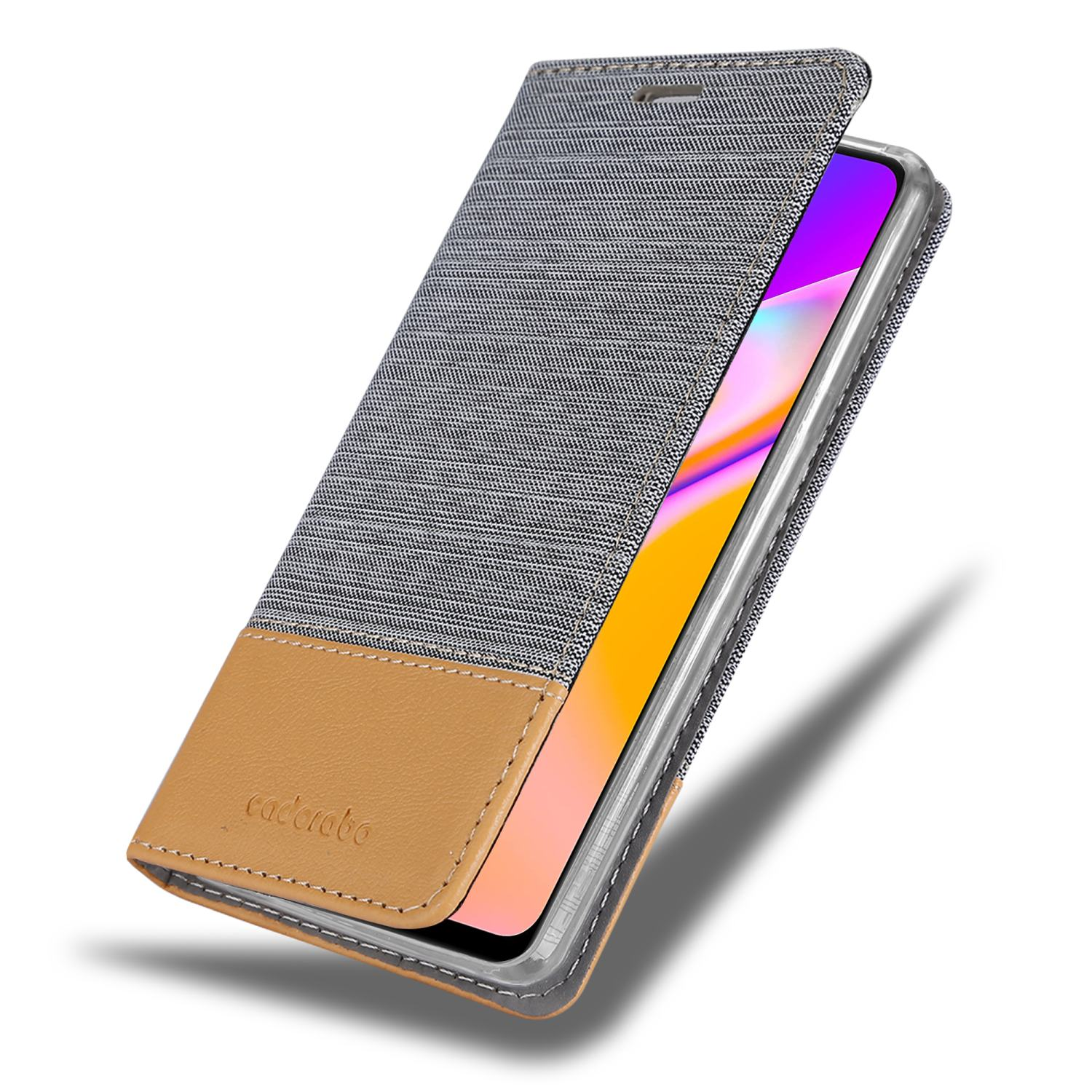 Handyhülle geöffnet, zeigt das Telefon. Die Hülle ist grau und braun, mit dem Markennamen.