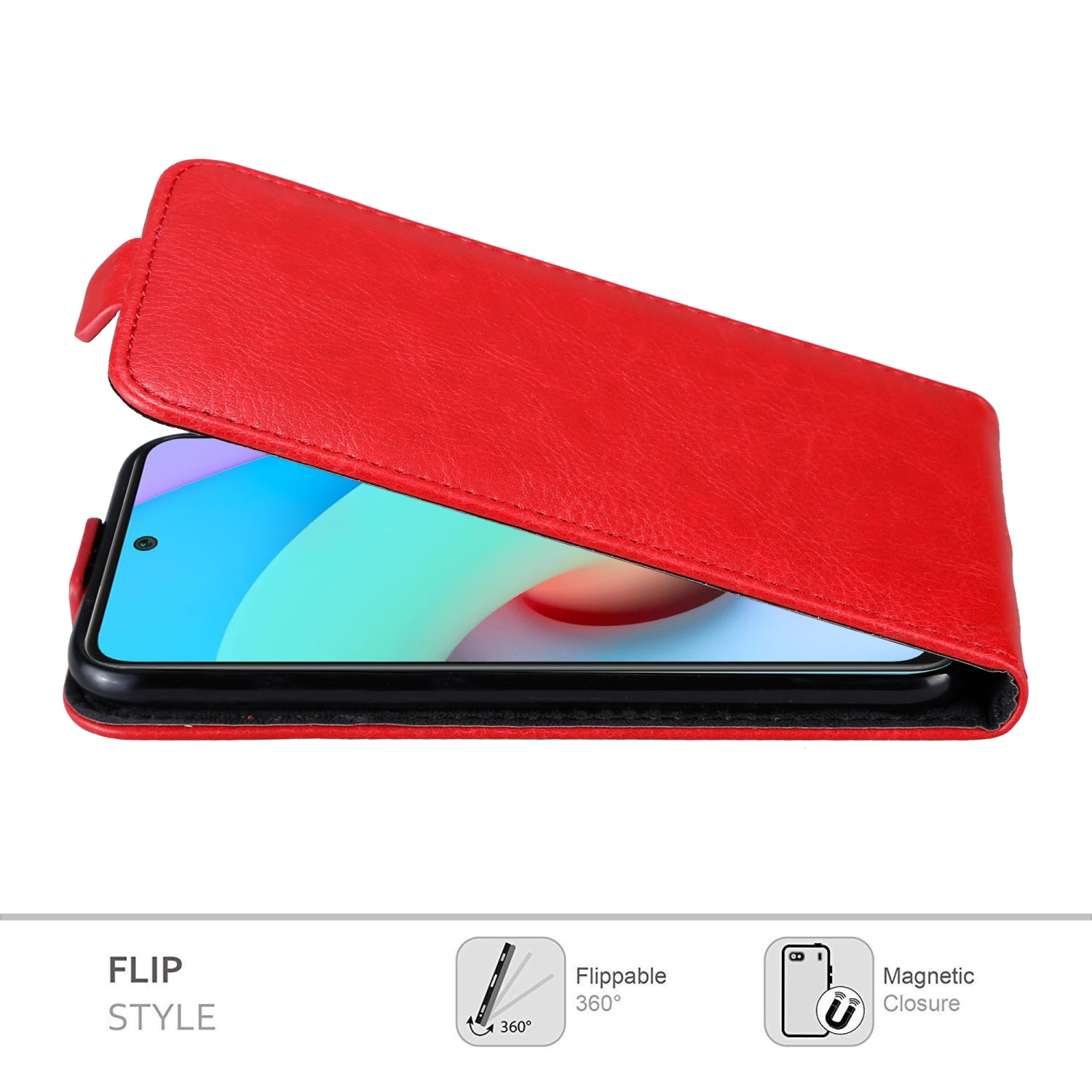 Eine rote Handyhülle mit einem Telefon darin, die Hülle ist geöffnet und zeigt einen Klappstil.