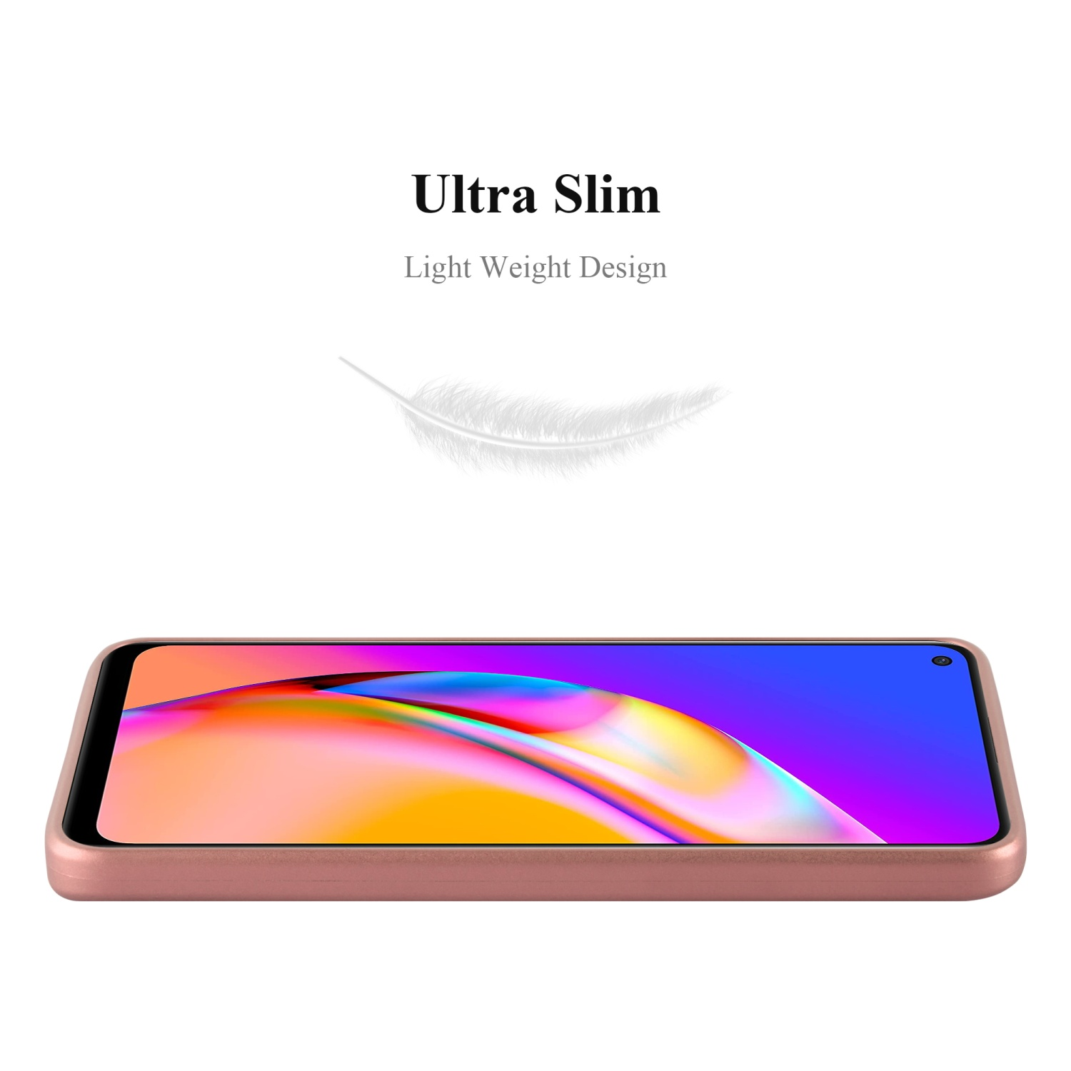 Una custodia per telefono oro rosa con un telefono, che mostra che il telefono è ultra sottile.