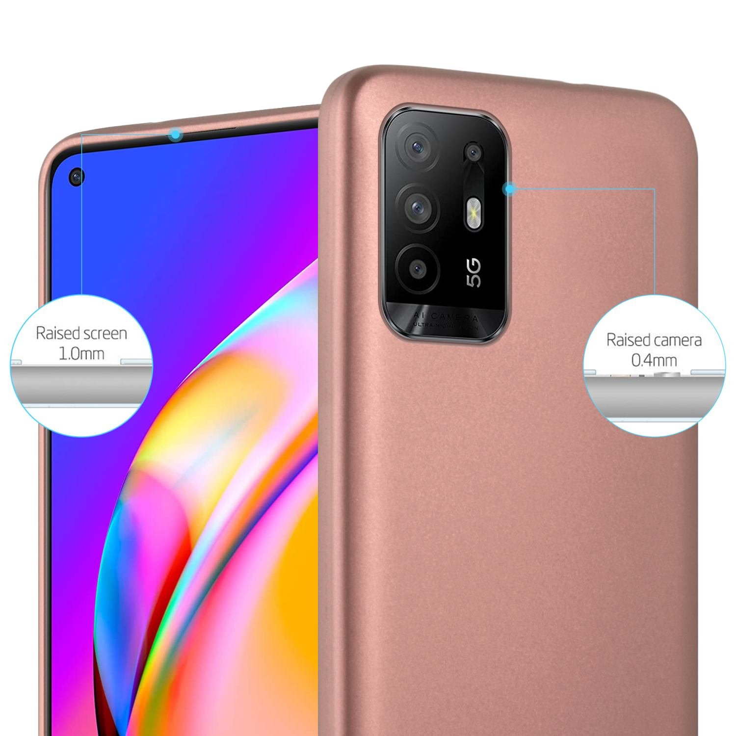 Custodia per telefono oro rosa. Bordi rialzati della fotocamera e dello schermo. Focus sul retro e sul lato.