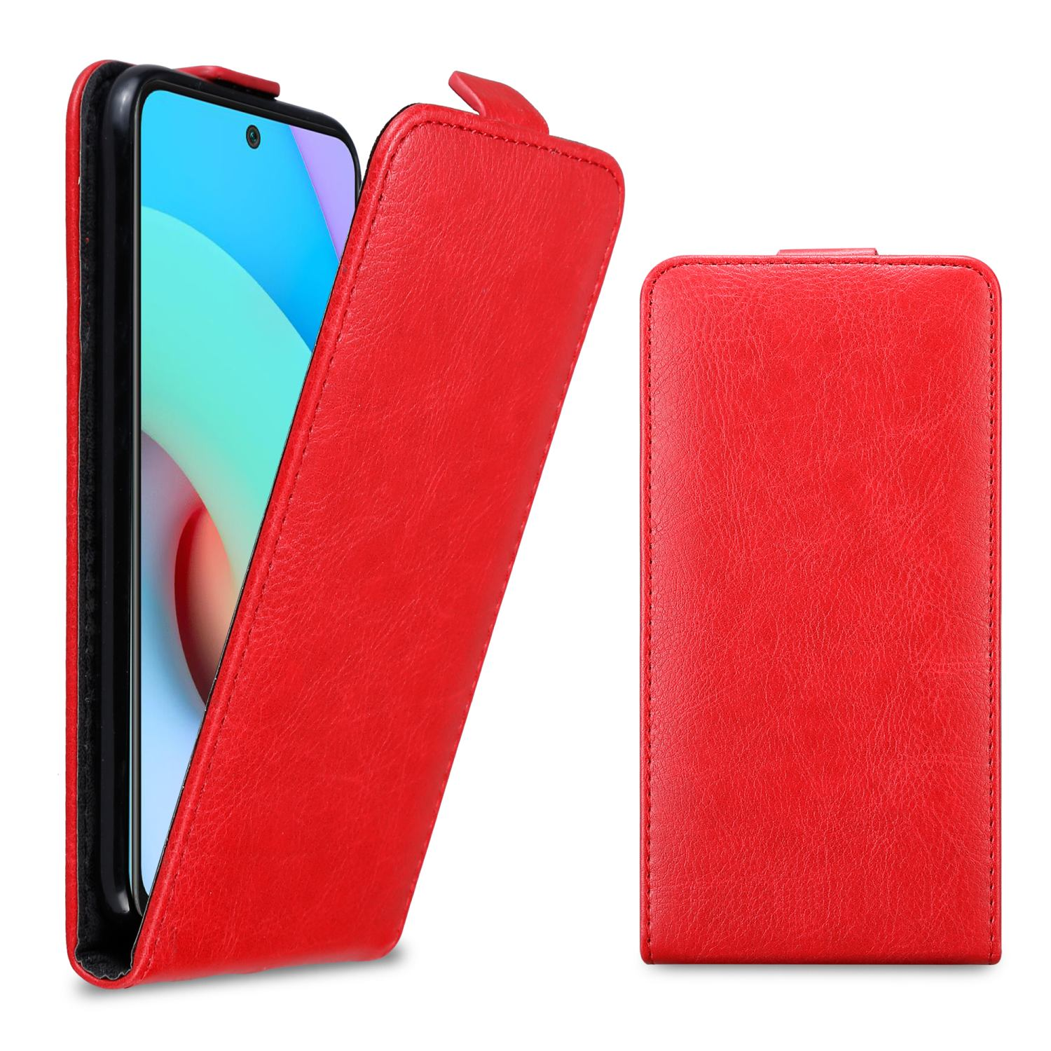 Rote Handyhülle mit Klappdeckel. Das Telefon ist schwarz und der Deckel ist geöffnet und zeigt den Bildschirm.