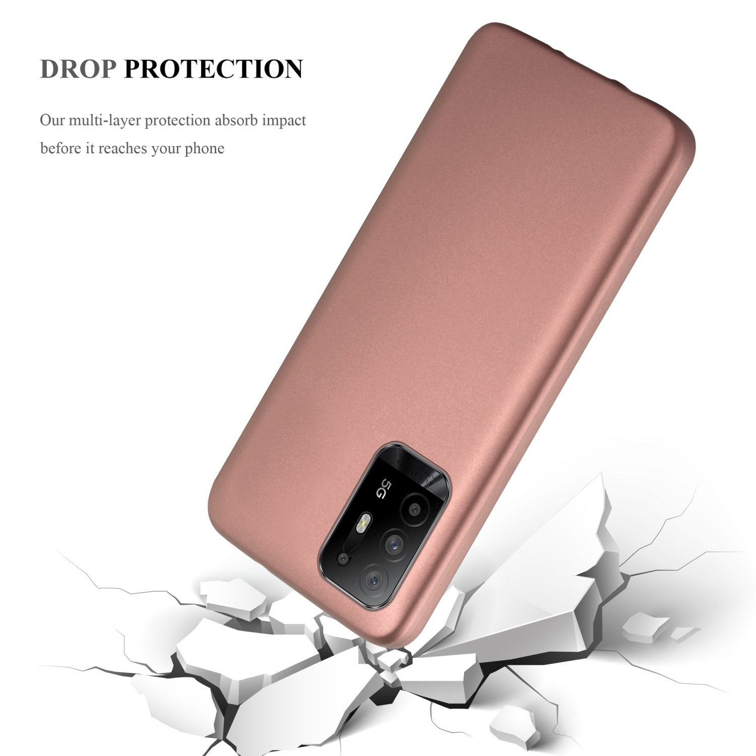 Custodia per telefono color rosa, il telefono cade su terreno crepato, con il testo Drop Protection.