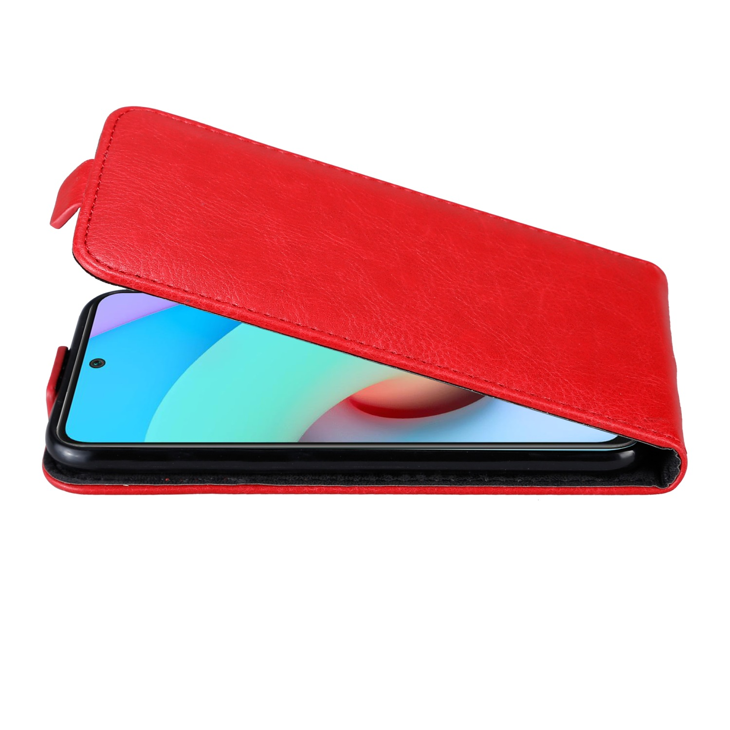 Eine rote Handyhülle ist geöffnet, mit einem Telefon darin. Der Hintergrund ist weiß.