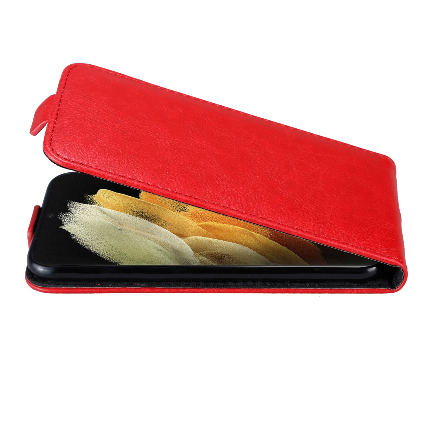 Custodia rossa, aperta. Il telefono è all'interno. Sfondo bianco, primo piano.