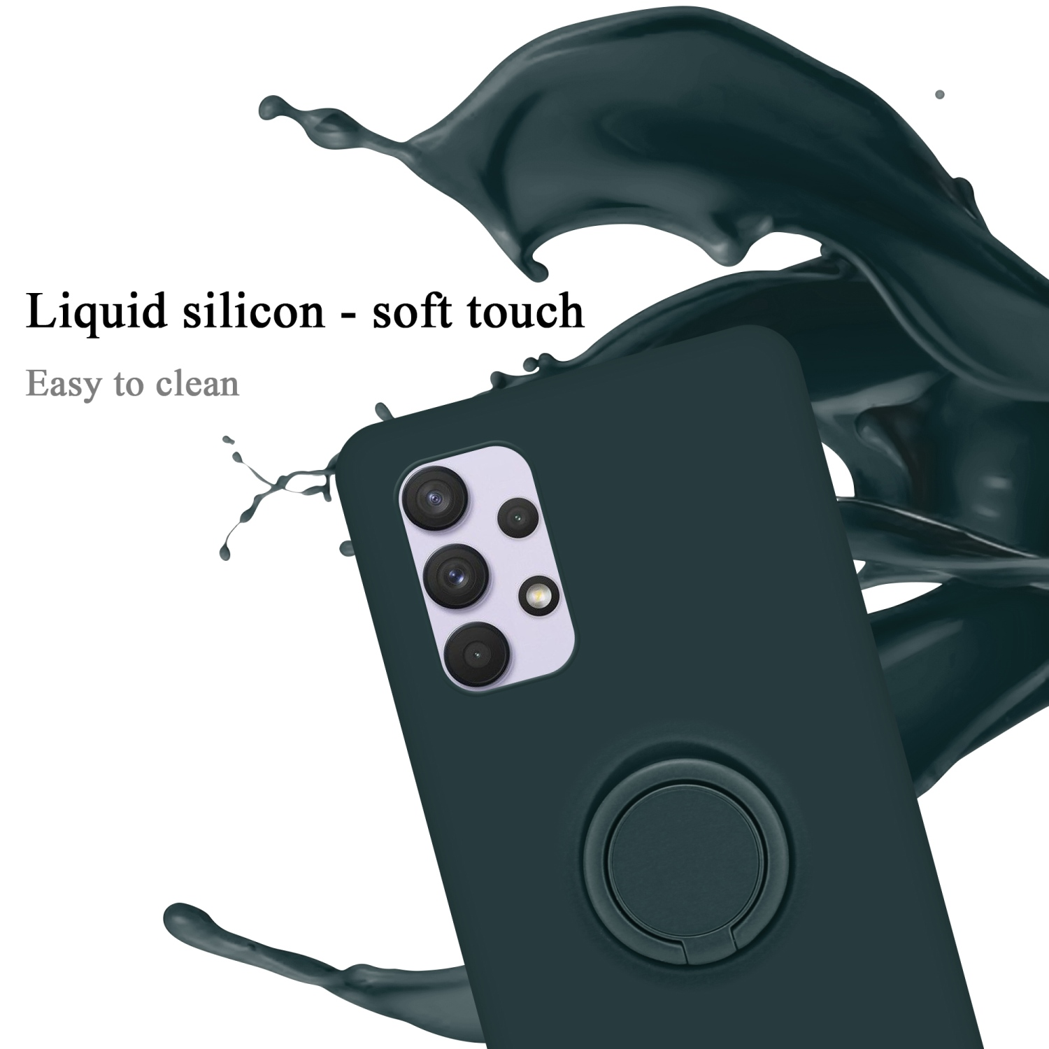 Custodia per telefono verde scuro con anello, circondata da schizzi di liquido scuro.