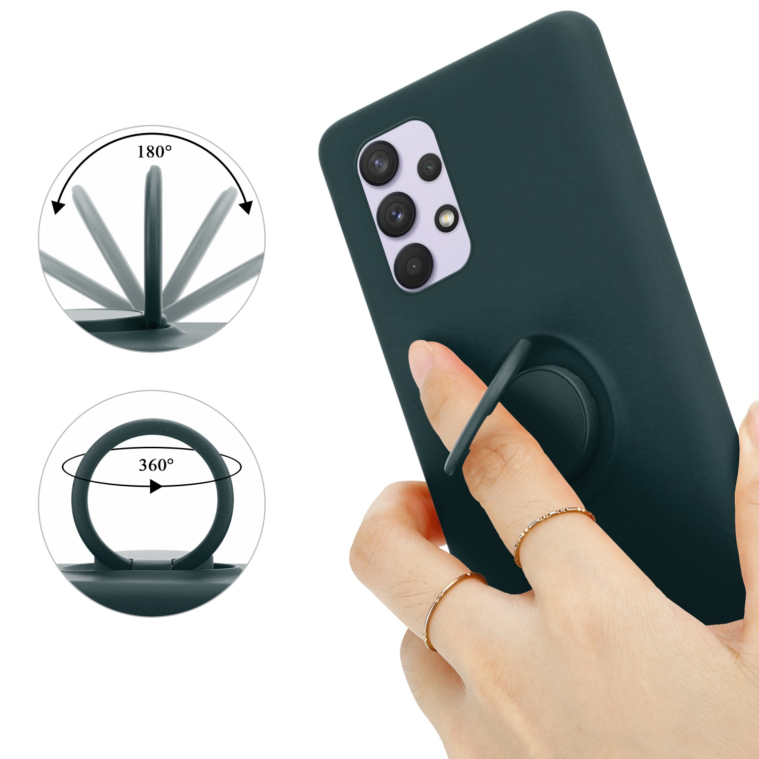 Una mano che tiene un telefono con un anello di supporto. L'anello di supporto ruota di 180 e 360 gradi.