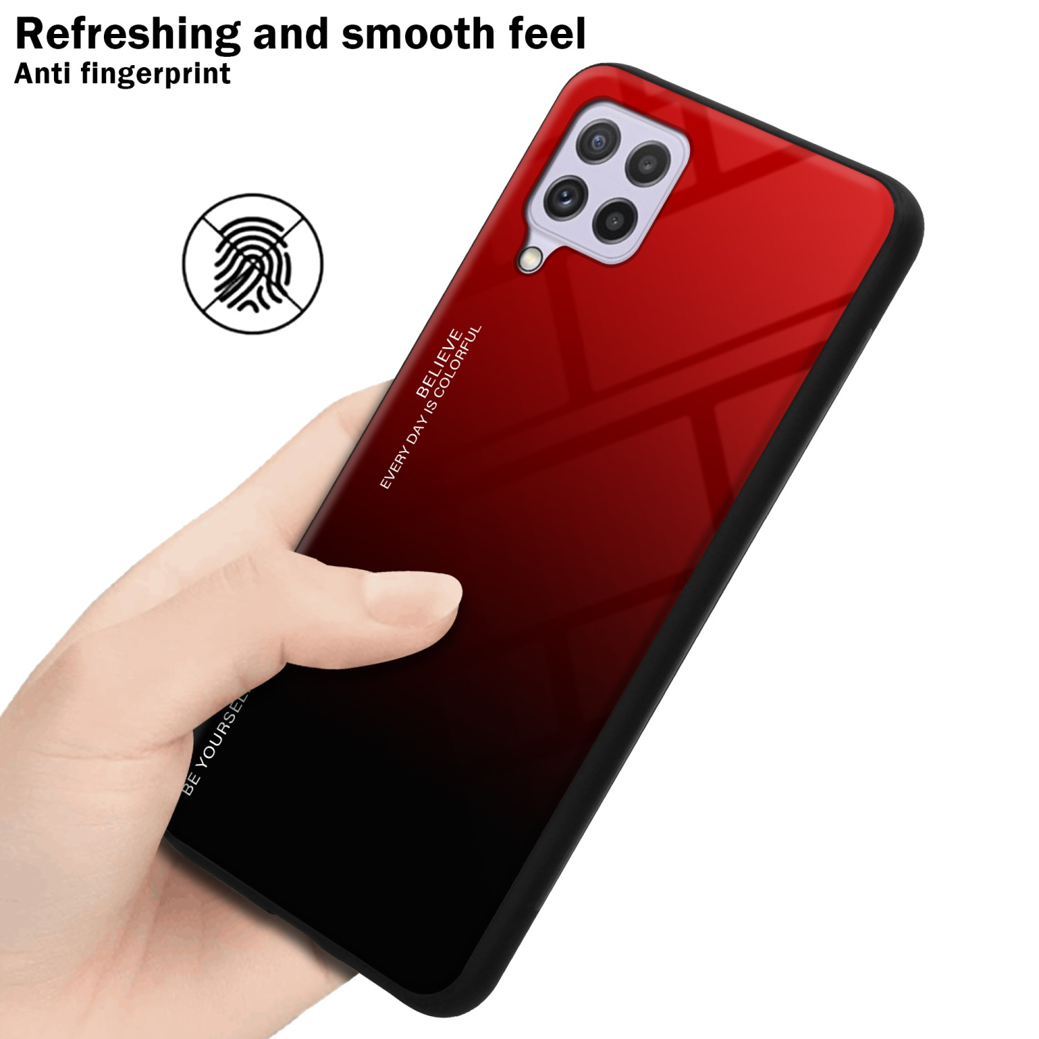 Una mano tiene un telefono con una cover posteriore sfumata rosso-nera. La cover ha un logo impronta digitale.
