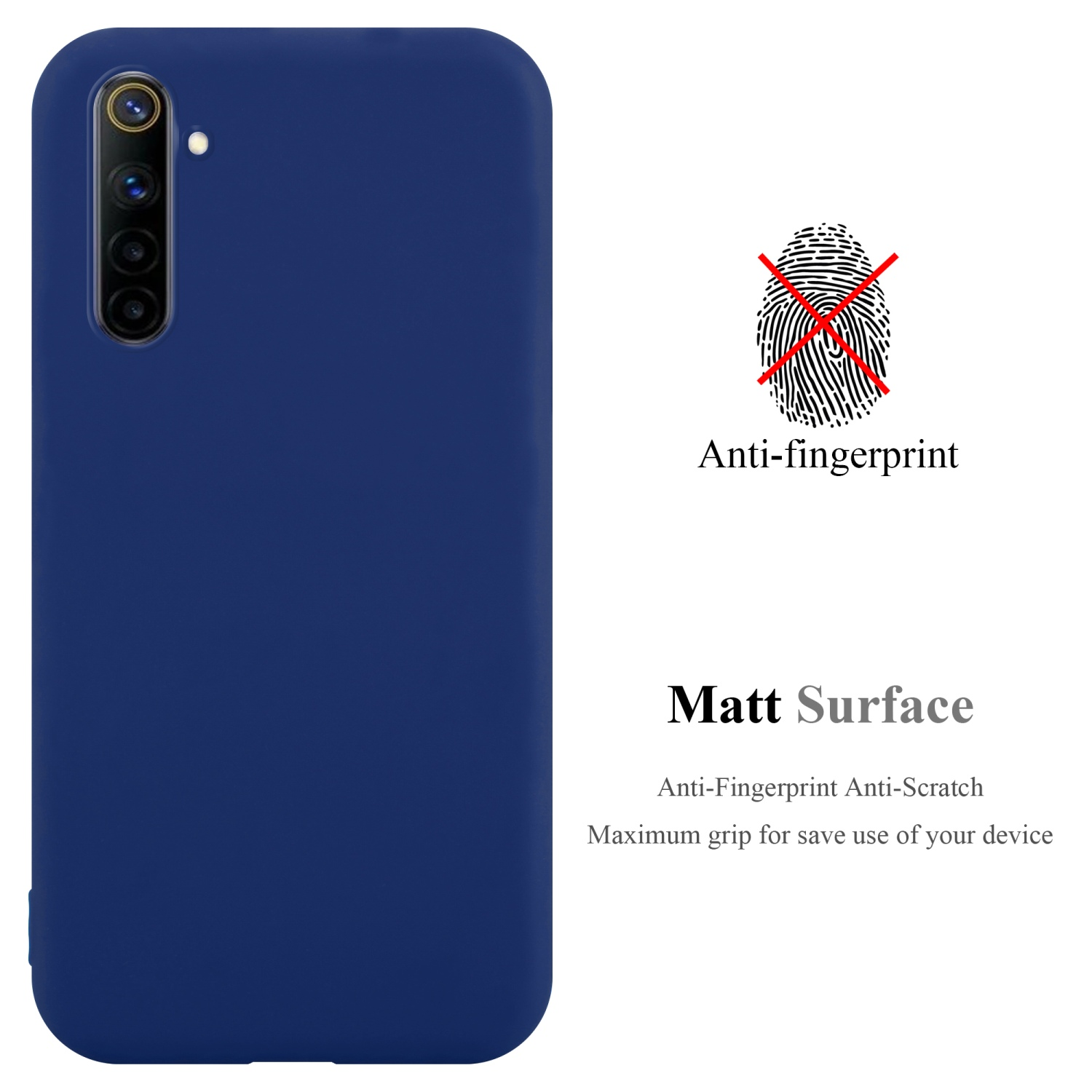 Marineblaue Handyhülle, mit Telefon. Es hat Anti-Fingerabdruck-Eigenschaften. Text zeigt auch matte Oberfläche.