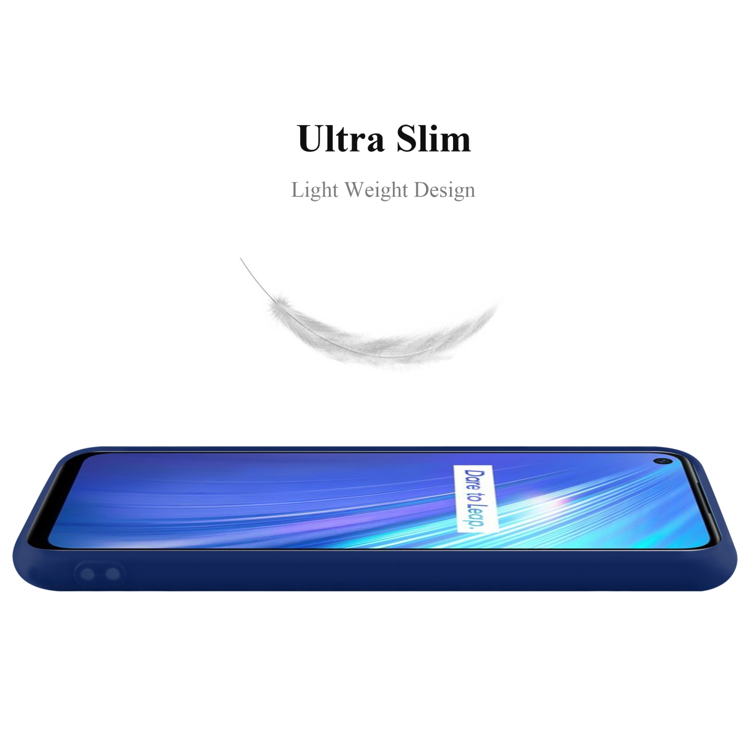 Eine blaue Handyhülle wird von der Seite gezeigt. Sie ist ultra schlank und hat ein leichtes Design.