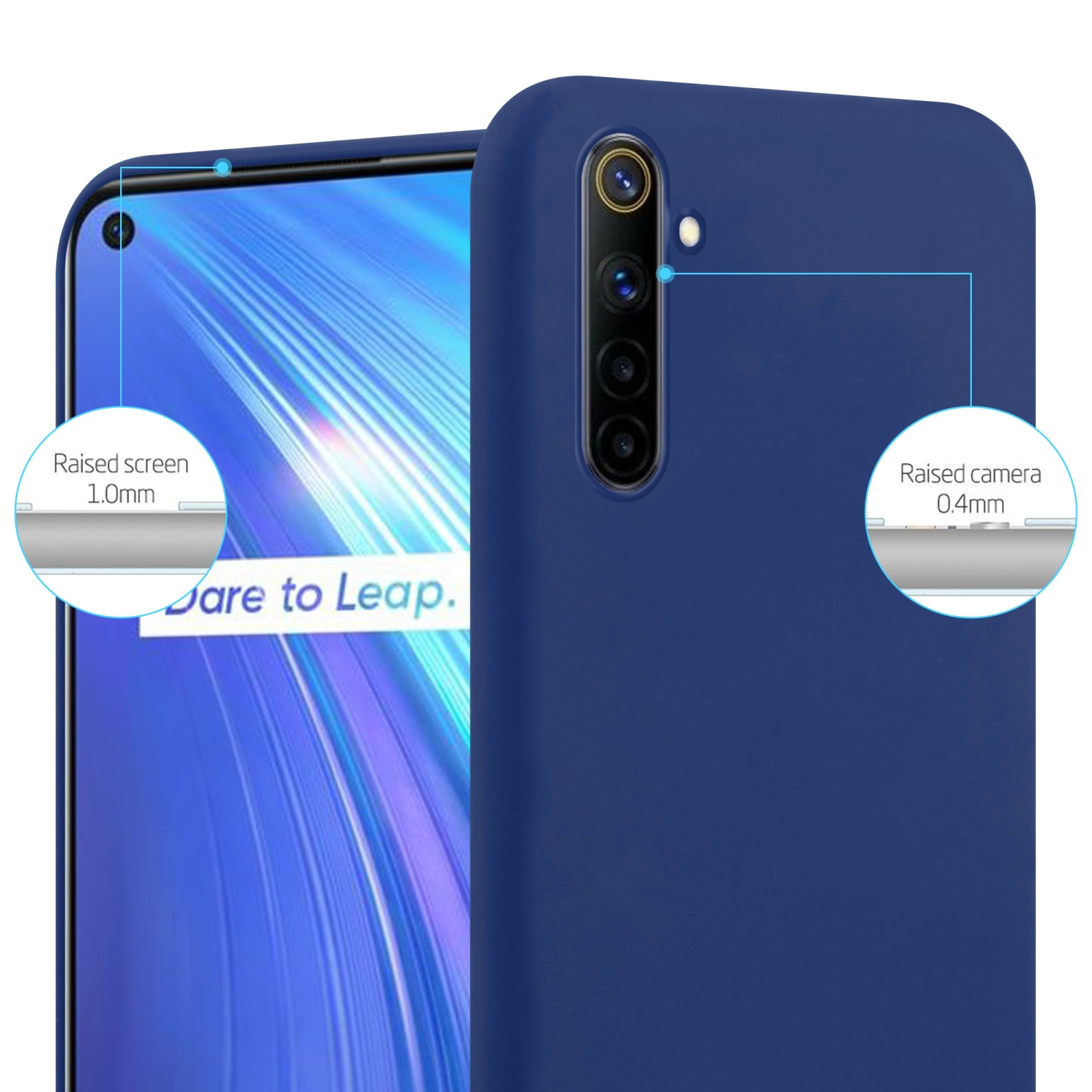 Eine blaue Handyhülle mit einem Telefon darin. Der Bildschirm und die Kamera sind erhöht, mit Maßangaben.