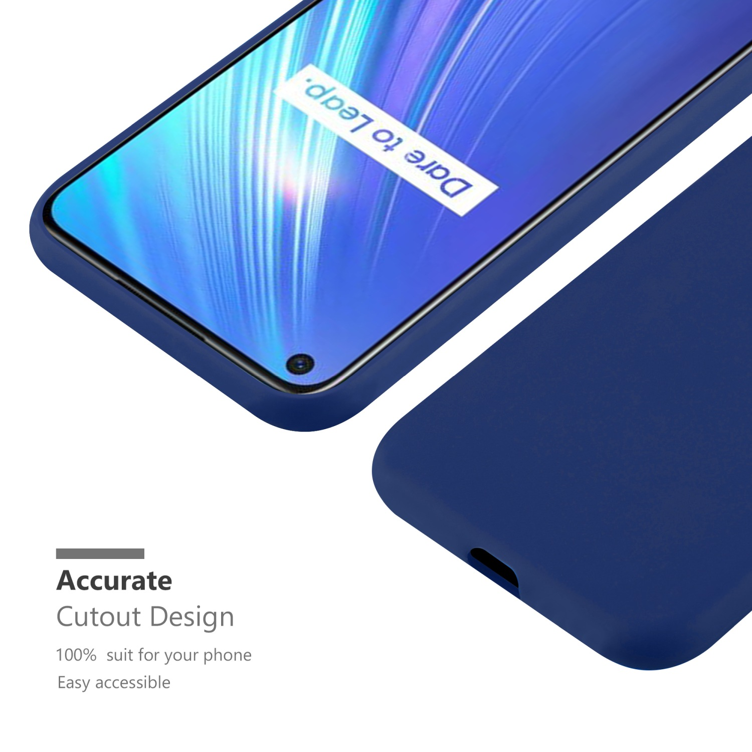 Eine blaue Handyhülle mit einem Telefon darin, mit den Worten 'Dare to leap' auf dem Bildschirm.