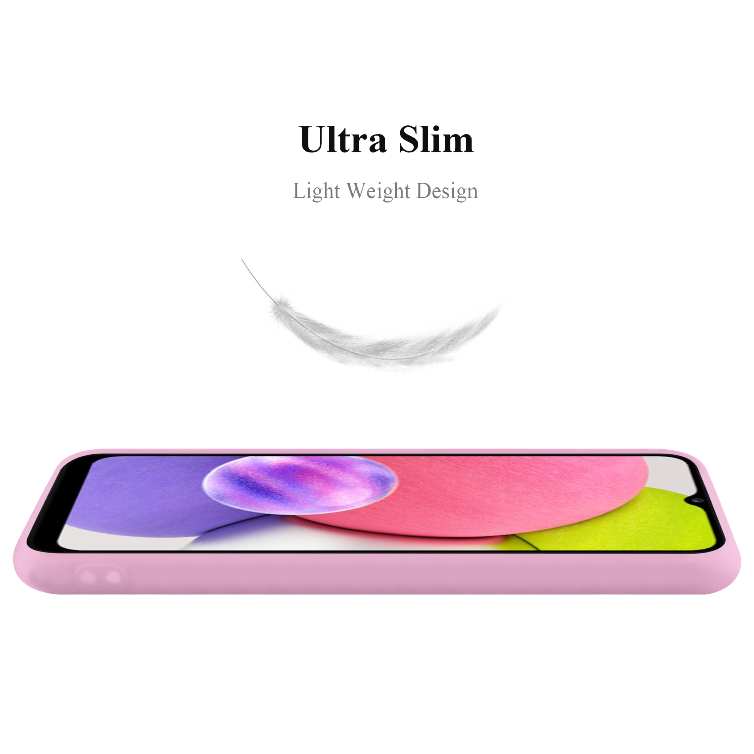 Custodia rosa, design leggero. Testo: Ultra Slim. Una piuma che fluttua.