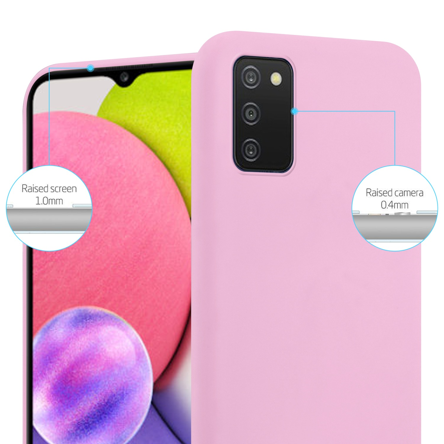 Custodia per telefono rosa. Una custodia per telefono rosa che mostra bordi dello schermo e della fotocamera rialzati con misure etichettate.