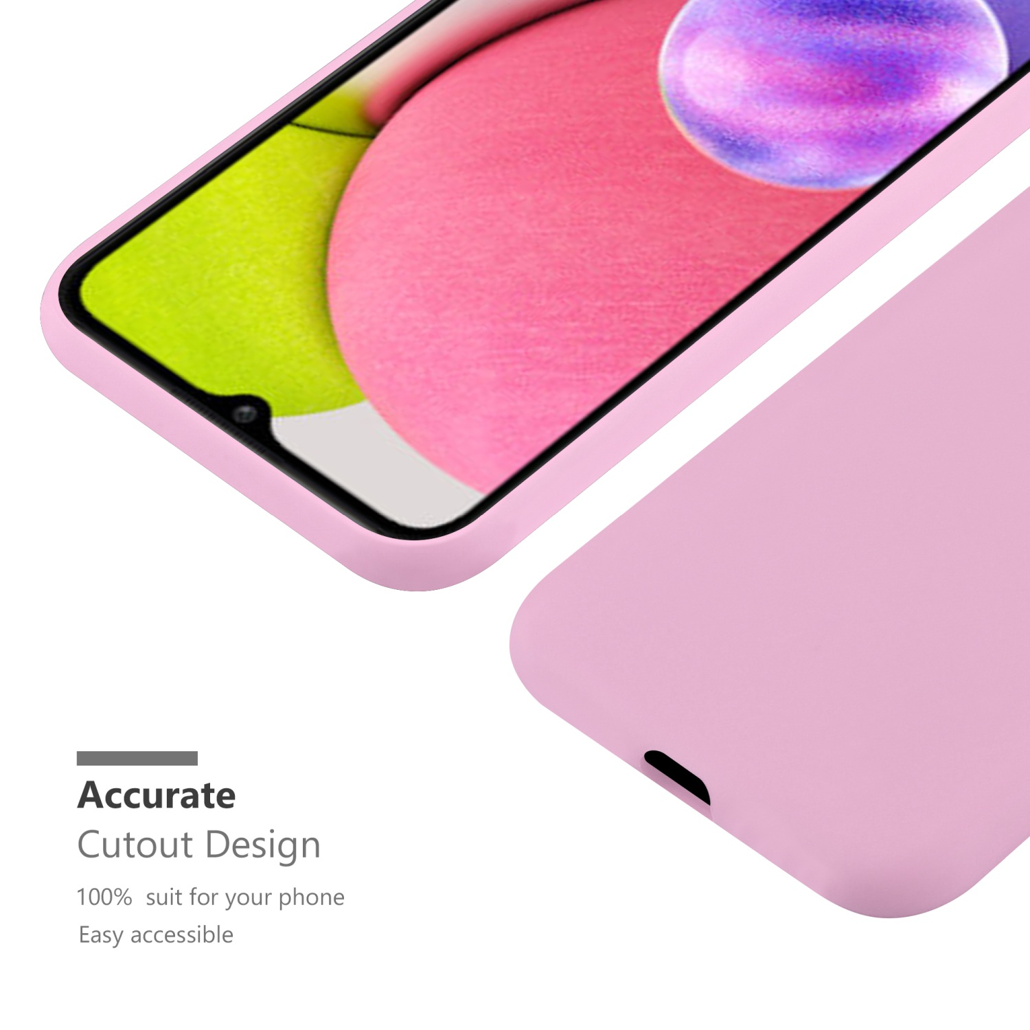 Custodia rosa su un telefono. Viene mostrato il design ritagliato. Una custodia rosa è accanto.
