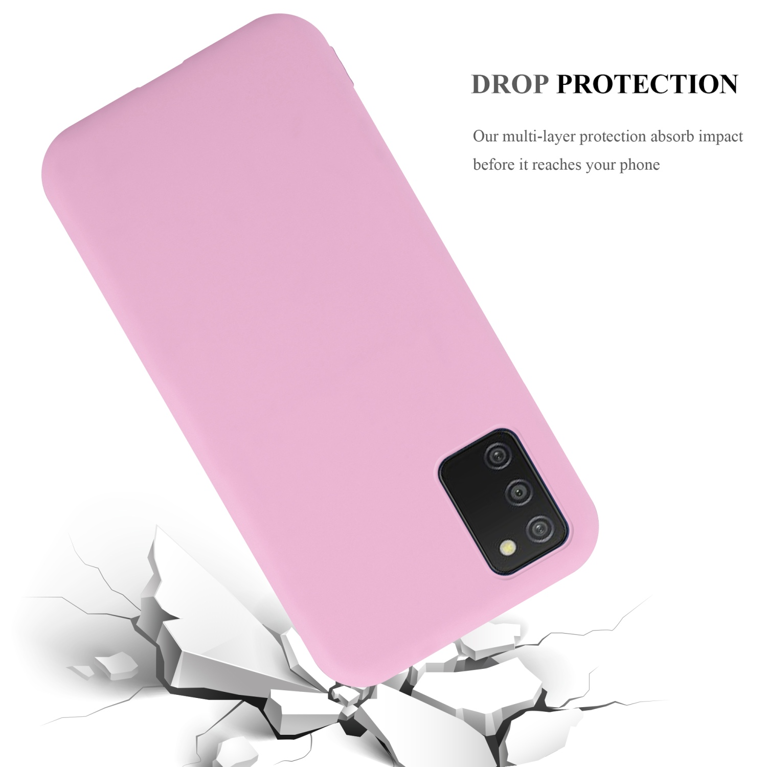Custodia rosa per telefono con un telefono. La custodia del telefono viene mostrata con il telefono a terra.