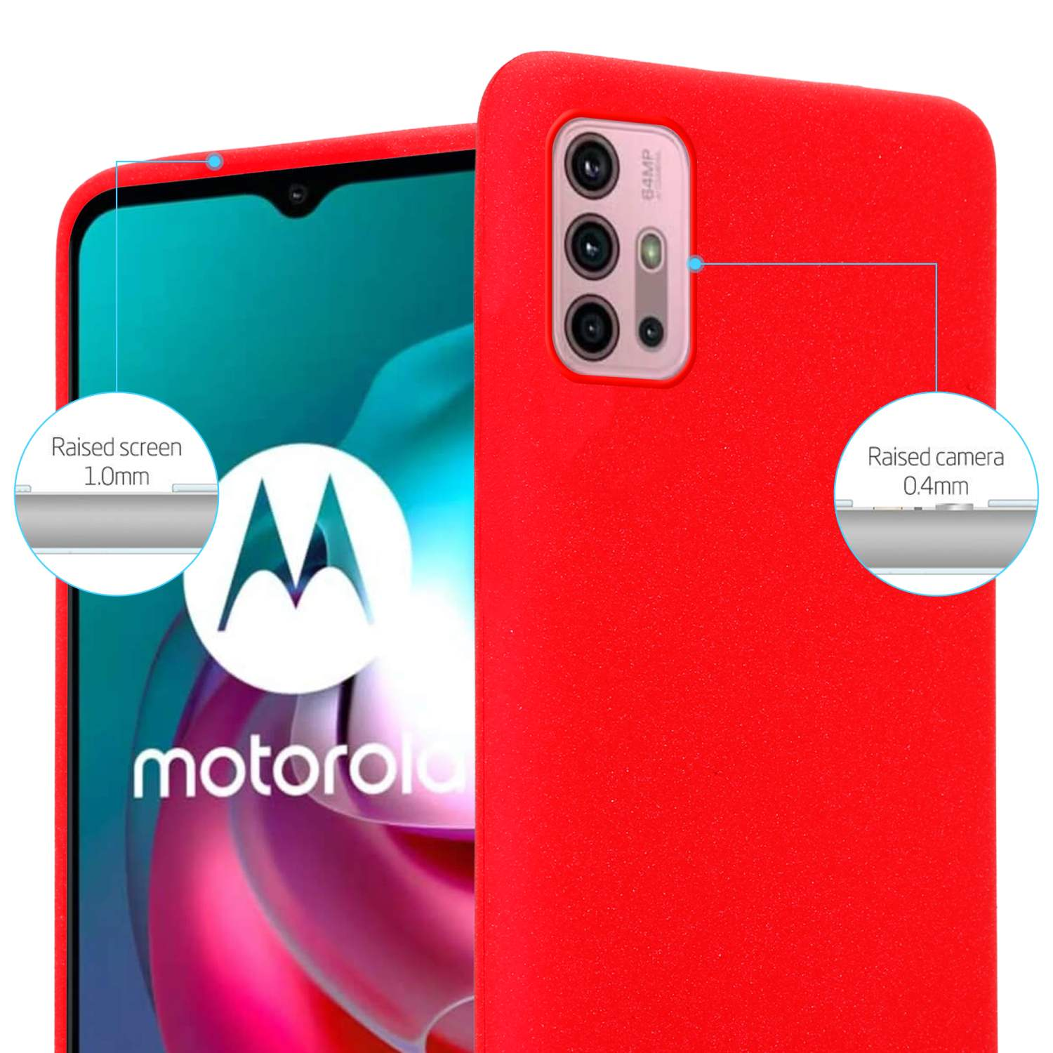 Custodia rossa per telefono con schermo e fotocamera rialzati. Logo Motorola visibile. Il telefono è su sfondo bianco.