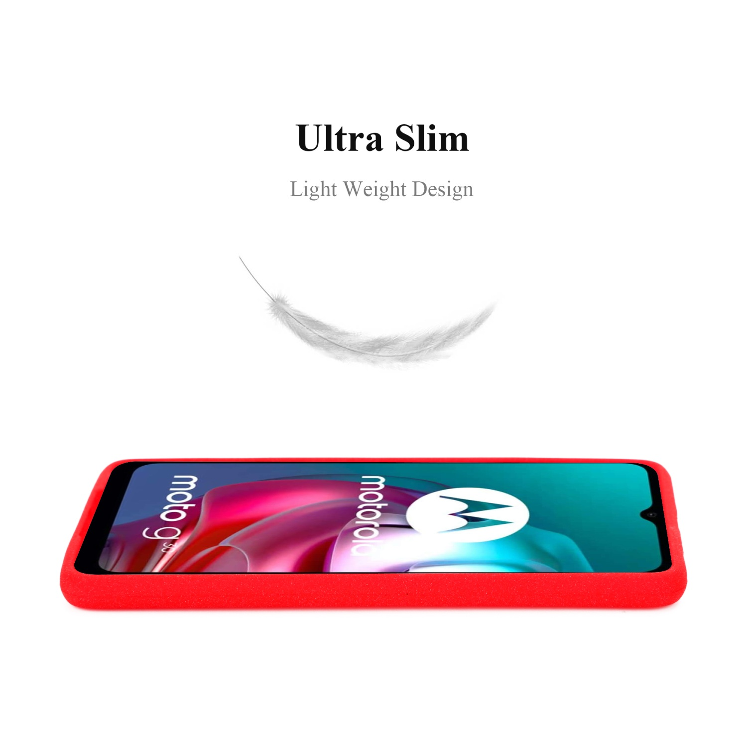 Custodia per telefono rossa, con una piuma che fluttua sopra. Il telefono è rosso.