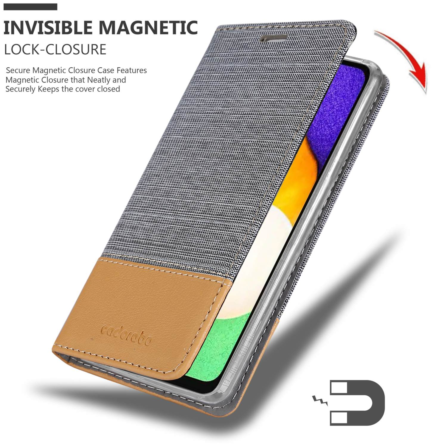 Custodia per telefono con chiusura magnetica. La custodia è grigia, marrone e nera. Il telefono è visibile.