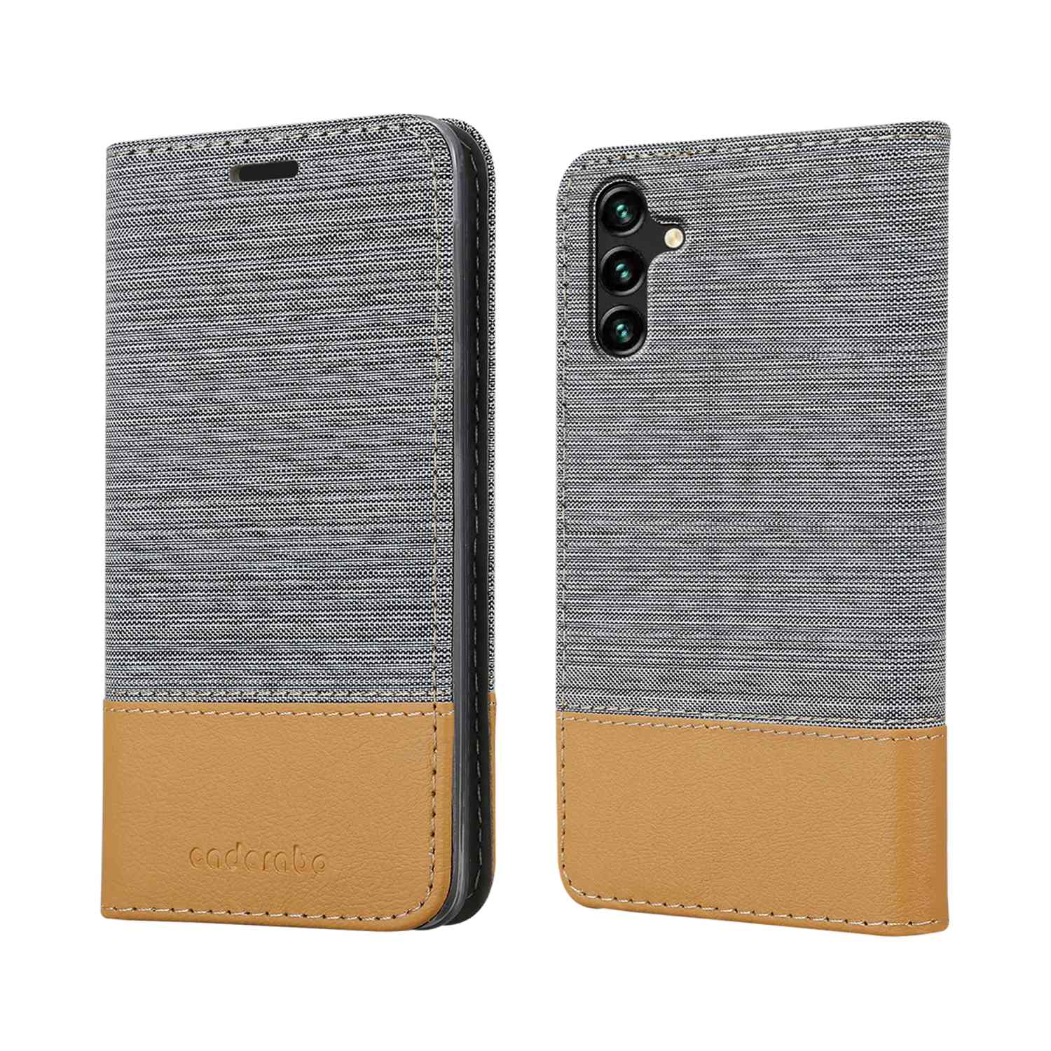 Custodia in due parti. Tessuto grigio e pelle marrone. Il telefono è dentro.