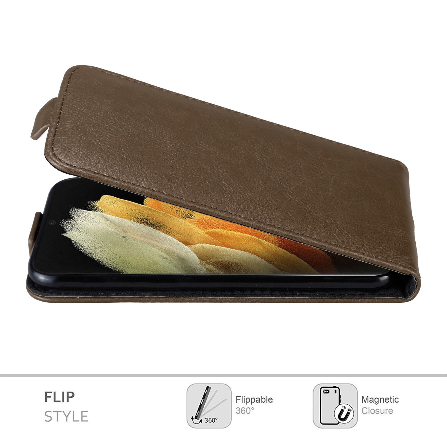 Una custodia marrone per telefono con un telefono all'interno, con design ribaltabile.