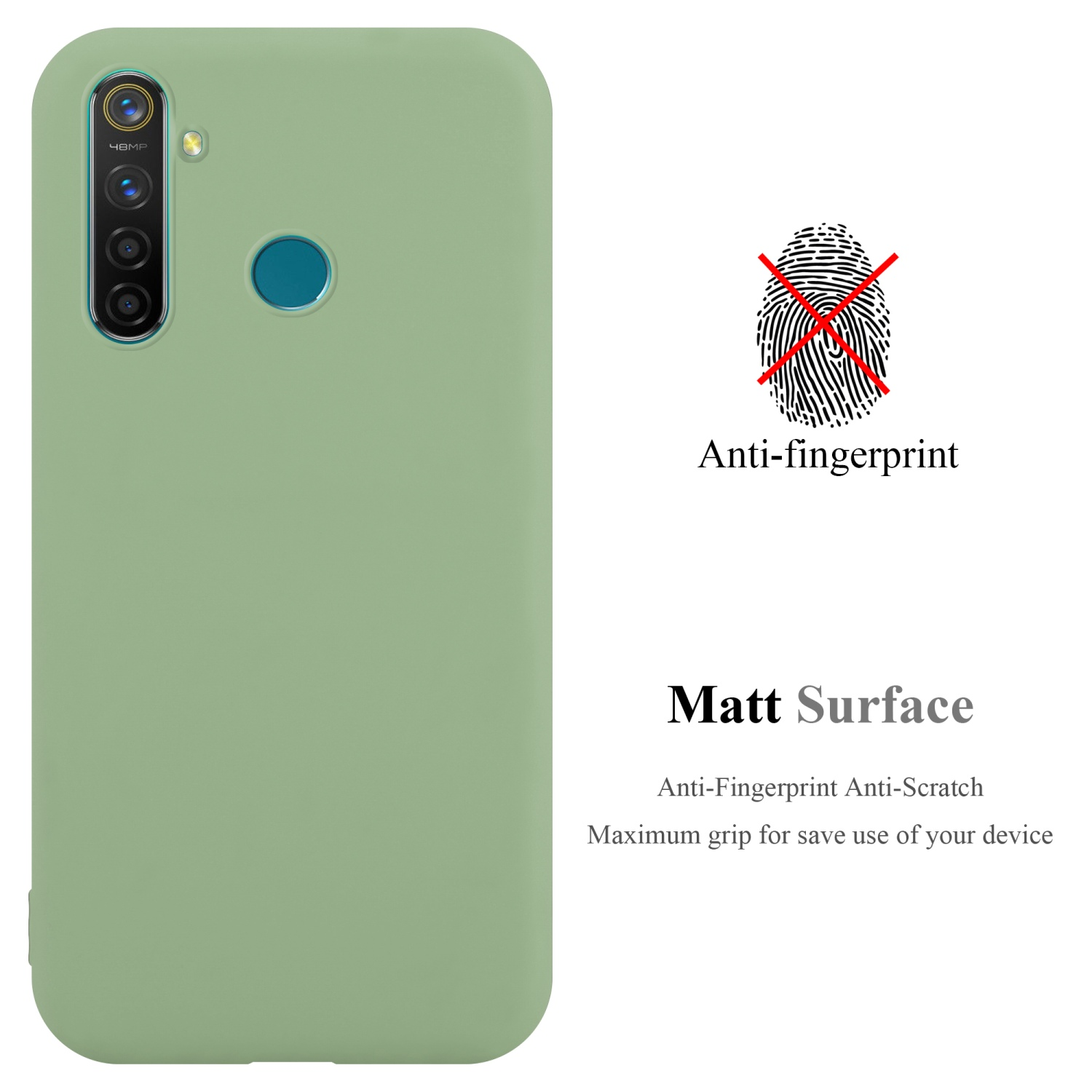 Eine grüne Handyhülle mit einem Telefon und einer Kamera. Der Text lautet Anti-Fingerabdruck, Matt-Oberfläche. Ein Fingerabdruck ist durchgestrichen.