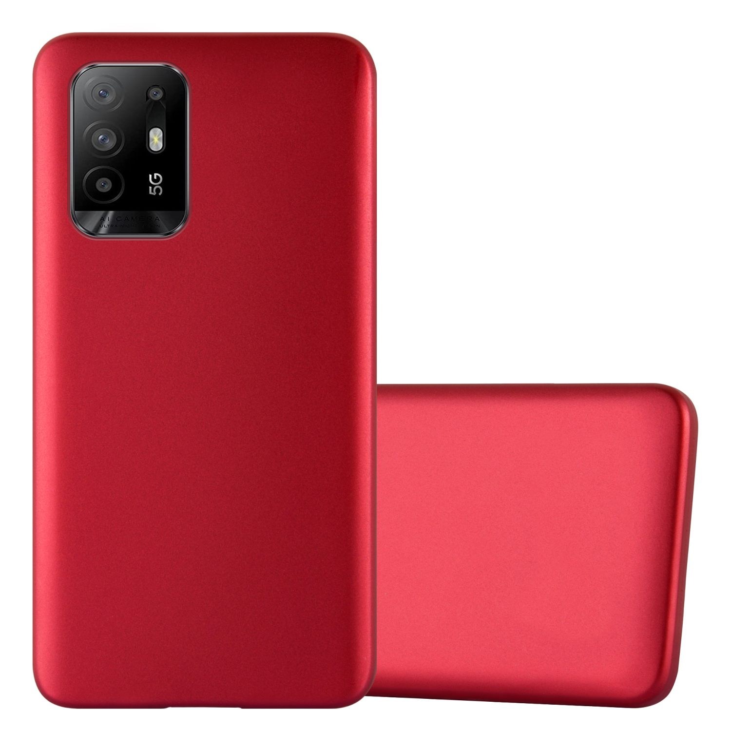 Custodia rossa per telefono con fotocamera, logo 5G e un'altra custodia.