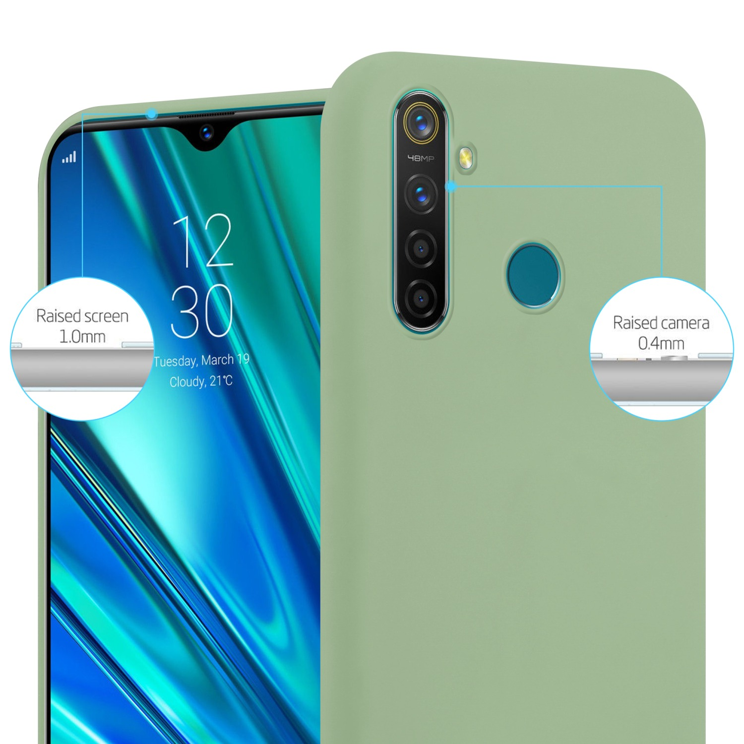 Grüne Handyhülle mit Telefon. Bildschirm und Kamera werden mit Messungen hervorgehoben.